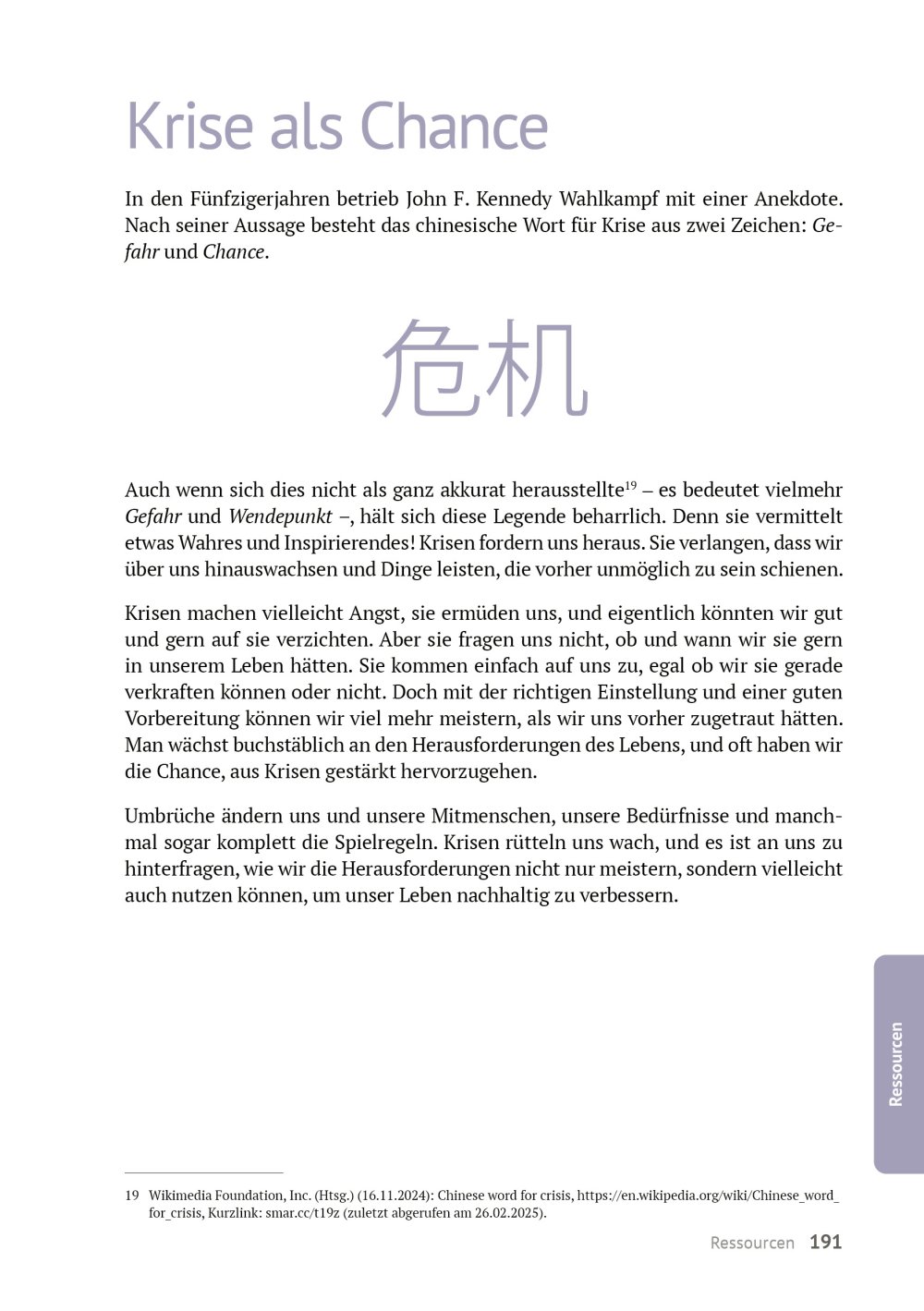 Buchseite, Deutscher Text, Titel Kriese als Chance, Chinesische Schriftzeichen, Seitennavigation Seitenleiste
