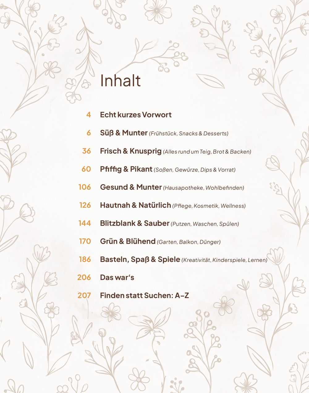 Inhalt, Tabelle, Kapitel, Blumenrahmen, Druckmotiv