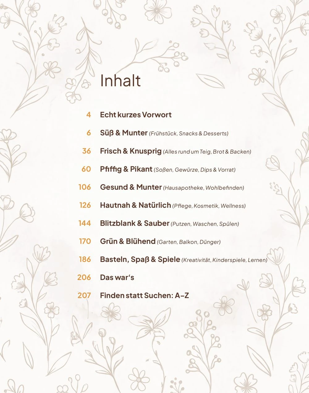Inhalt, Tabelle, Kapitel, Blumenrahmen, Druckmotiv