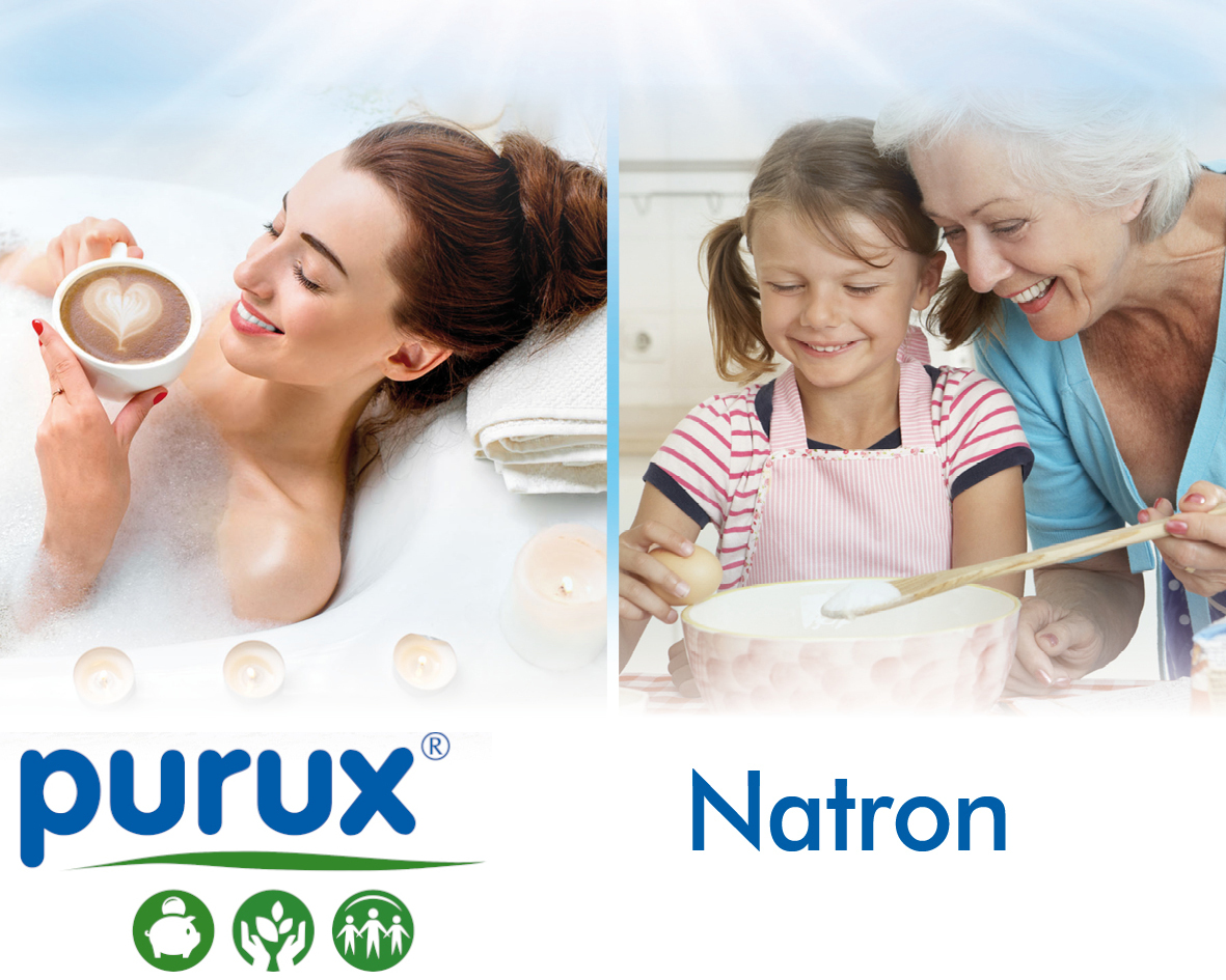 Bild ist in zwei Hälften geteilt. Auf der linken Seite eine Frau die Eine Tasse Kaffee in der Badewanne trinkt. Auf der rechten Seite eine Oma die mit ihrer Enkelin backt. Unterschrift Purux Natron  