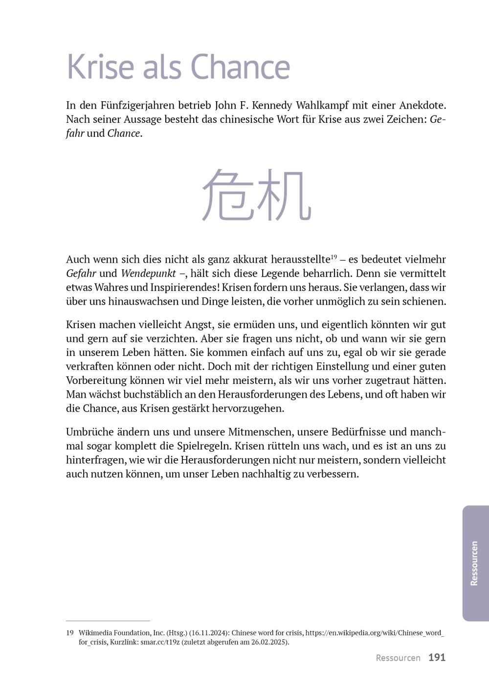 Buchseite, Deutscher Text, Titel Kriese als Chance, Chinesische Schriftzeichen, Seitennavigation Seitenleiste