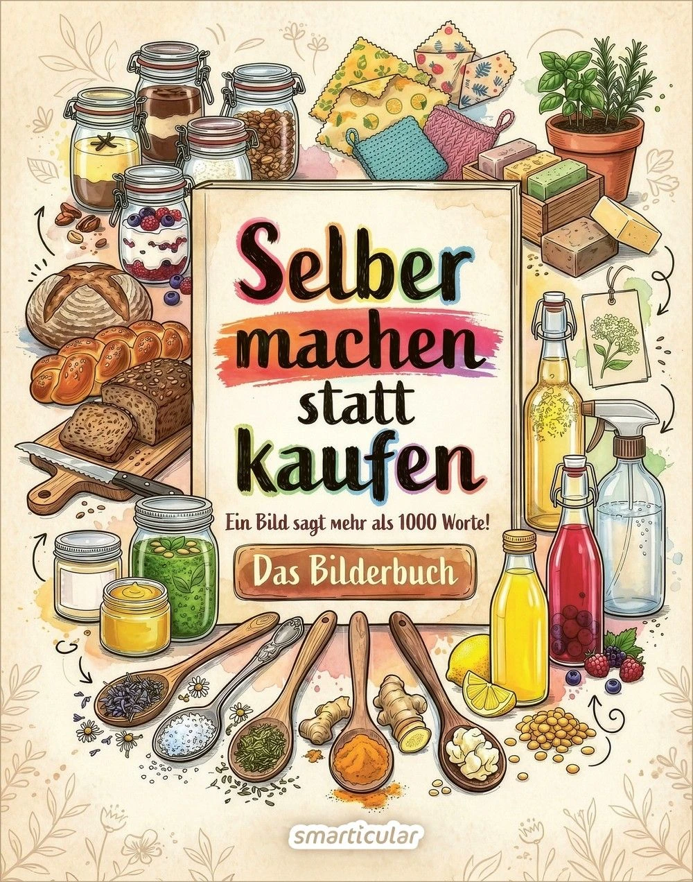 gekochte gegenstände, backwaren, ölflaschen, küchenutensilien, suppen butterknabbereien
