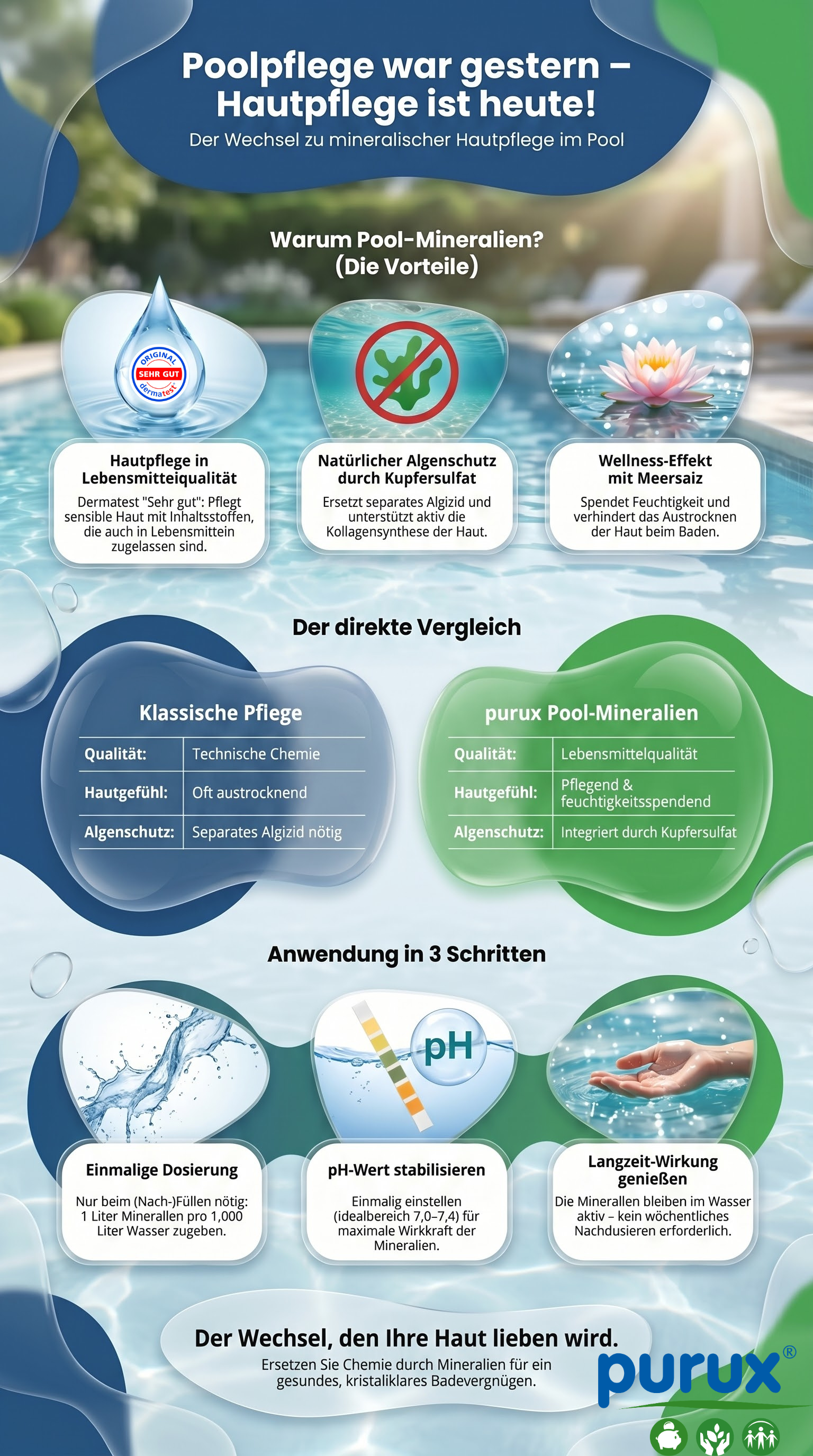 Poolpflege, Mineralien, Therapie-Element, pH-Wert, Badeschaum?