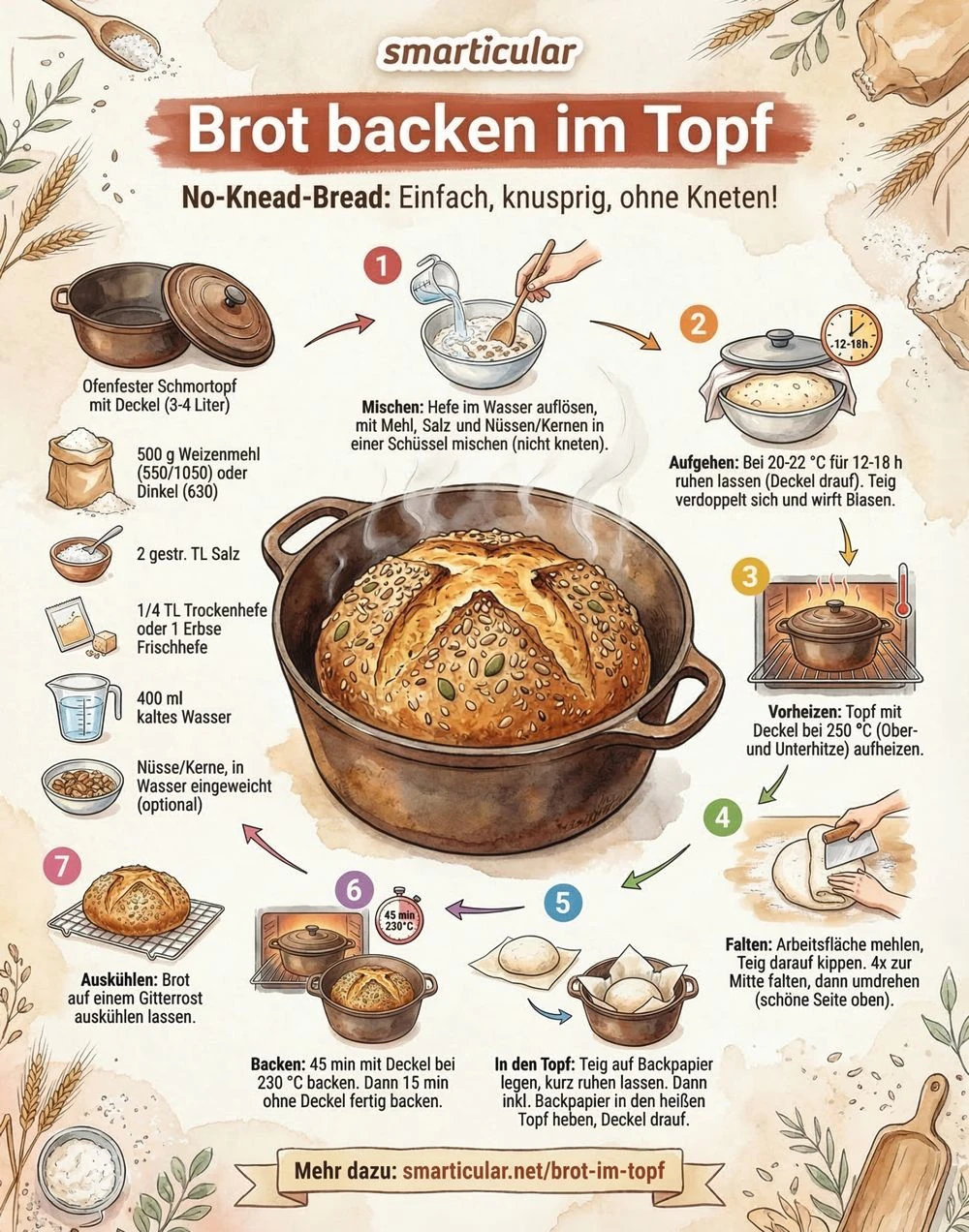 No-Knead Brot, Kastenbacken, Topf, Rundes Brot, Backanleitung